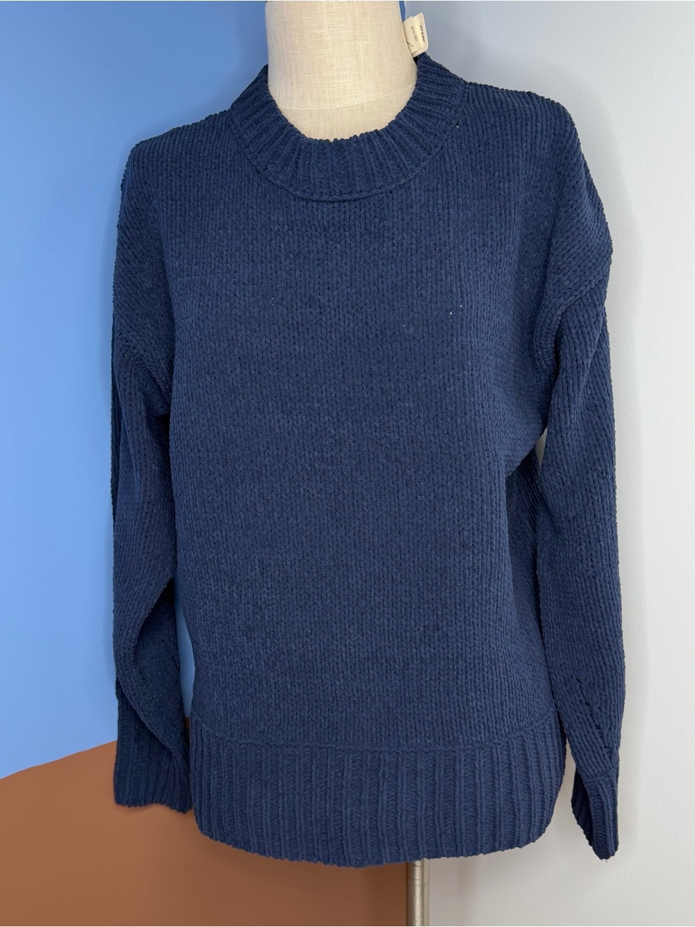 Aerie Oversized Navy Blue Crewneck Sweater Chenille Knit Size XS NWT